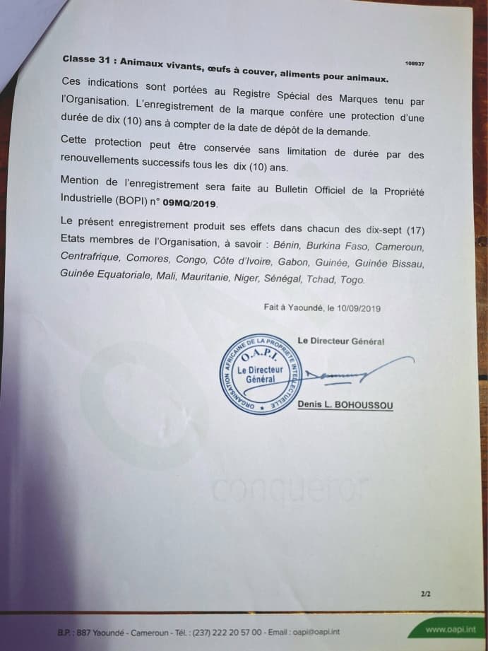 Certificat d'Enregistrement de Marque OAPI - "Or Gris des Savanes" - N°108937 (2019)