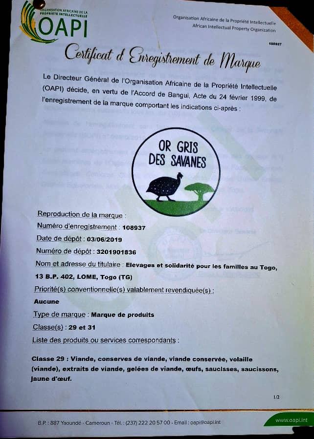 Certificat d'Enregistrement de Marque OAPI - "Or Gris des Savanes" - N°108937 (2019)